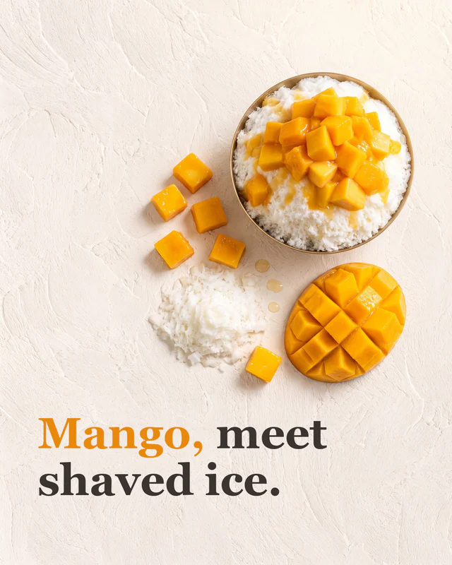 Overhead flat lay of the bingsu, mango cubes, a scored mango and coconut, headline "Mango, meet shaved ice."